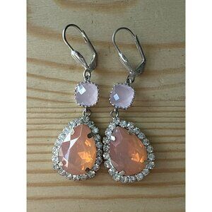 Vintage Pink Crystal Dangle Earrings With Rhinestone Accents & Leverback Closure